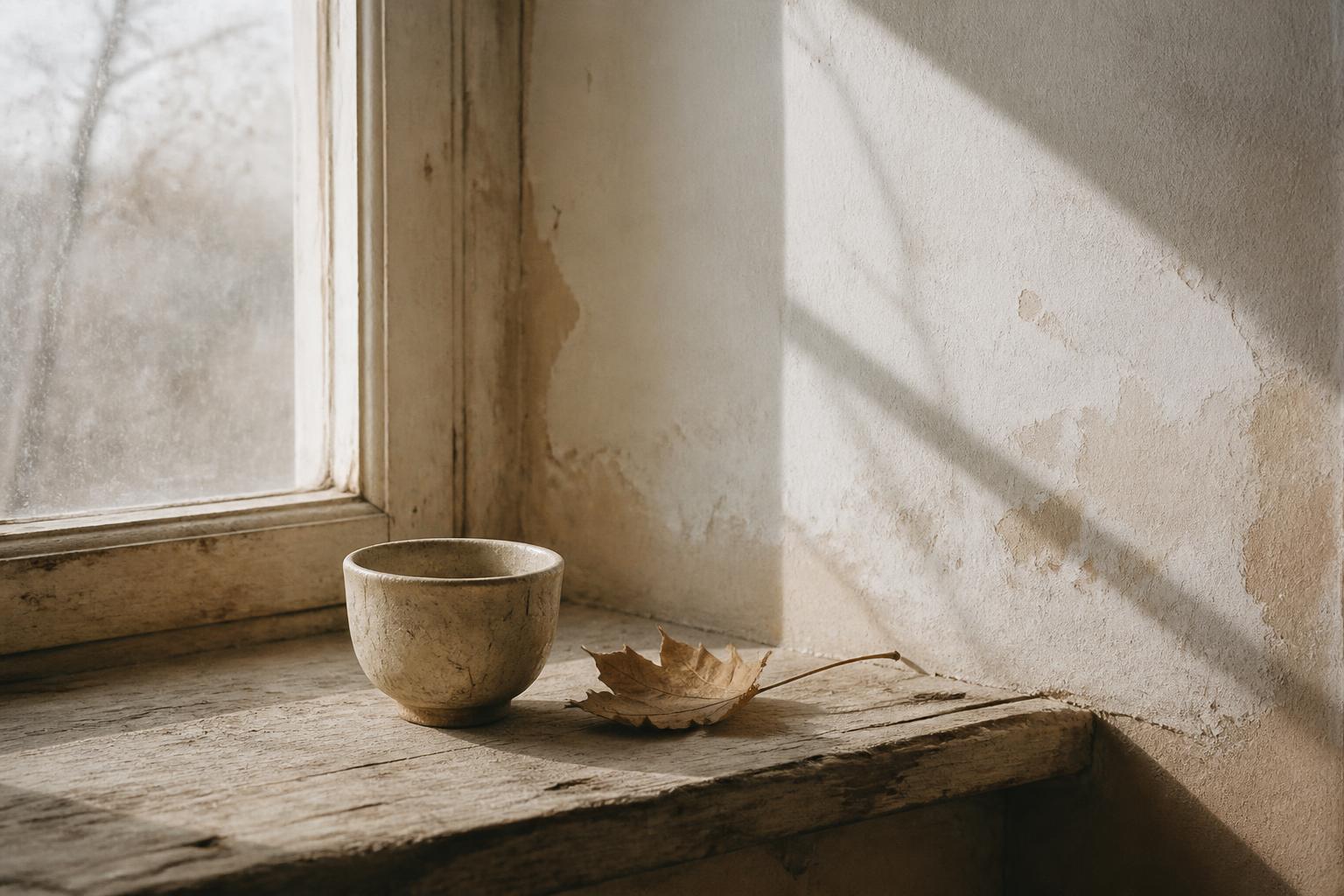 A worn windowsill in low daylight, a small cup and a dried leaf resting on the wood.